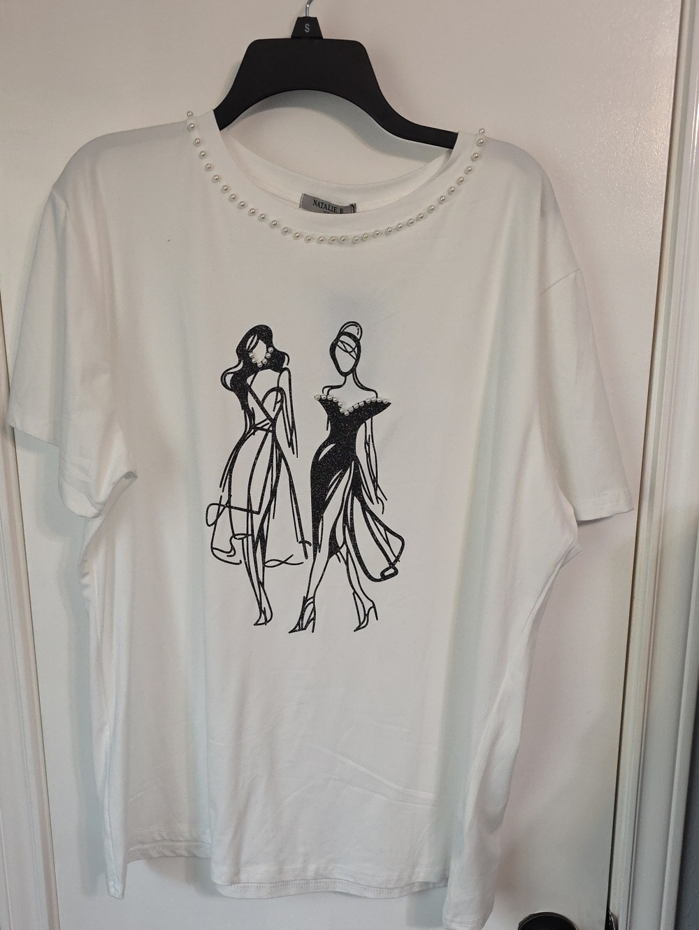 NWT White Pearl-Trim Black Metallic Fashion Illustration Tee